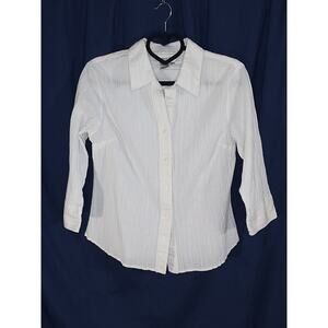 Coldwater Creek Medium White Blouse Button Up 3/4 Sleeve Collar Cotton Stretch